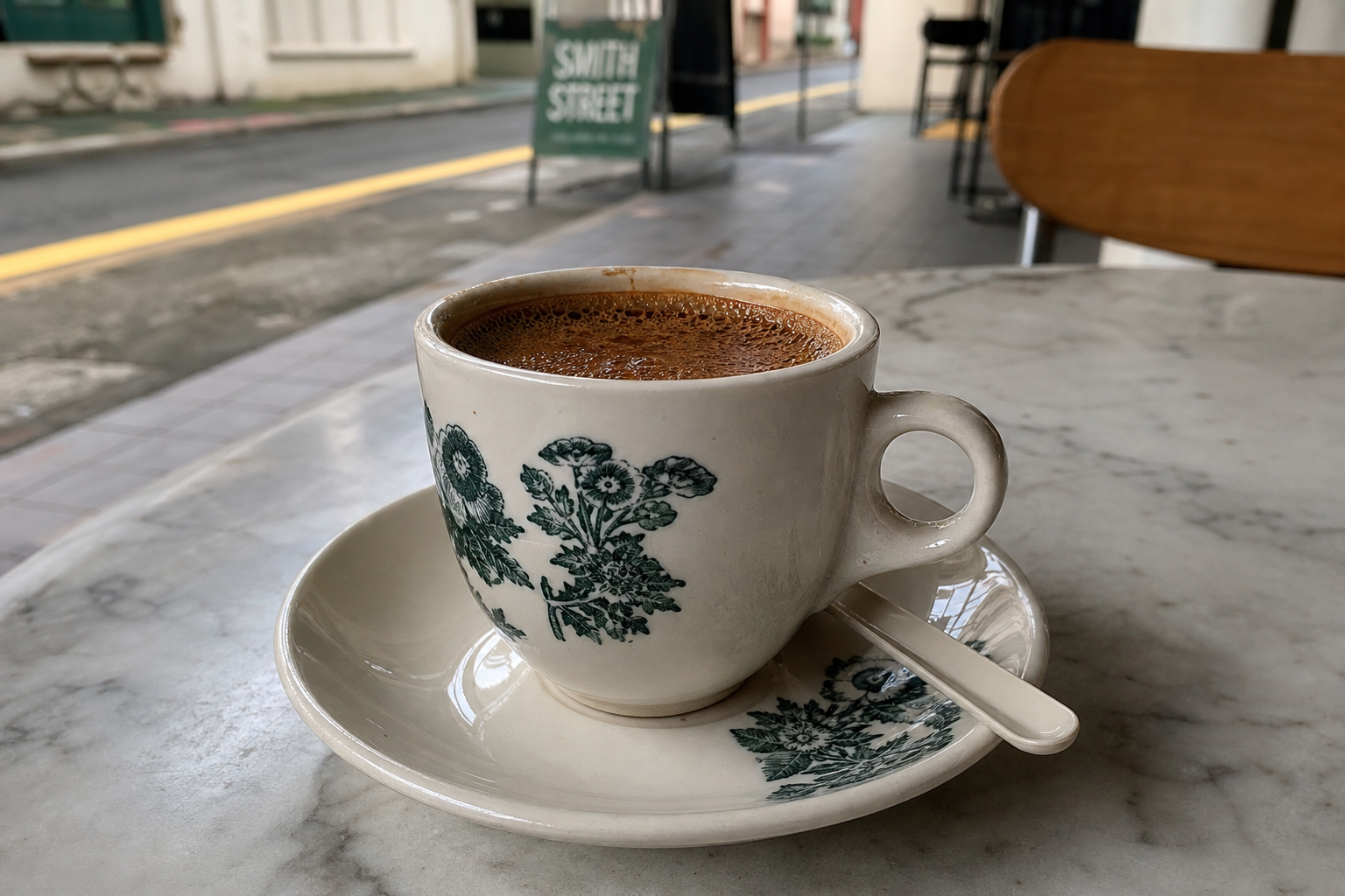 Kopi cup on marble table, window light, Smith Street footpath visible beyond