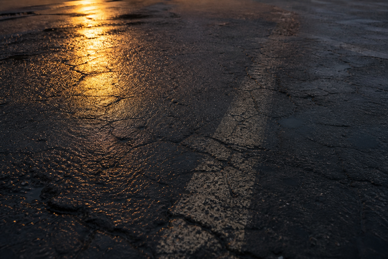Close view of asphalt surface at dusk — heat shimmer, streetlight reflection, worn tar lines