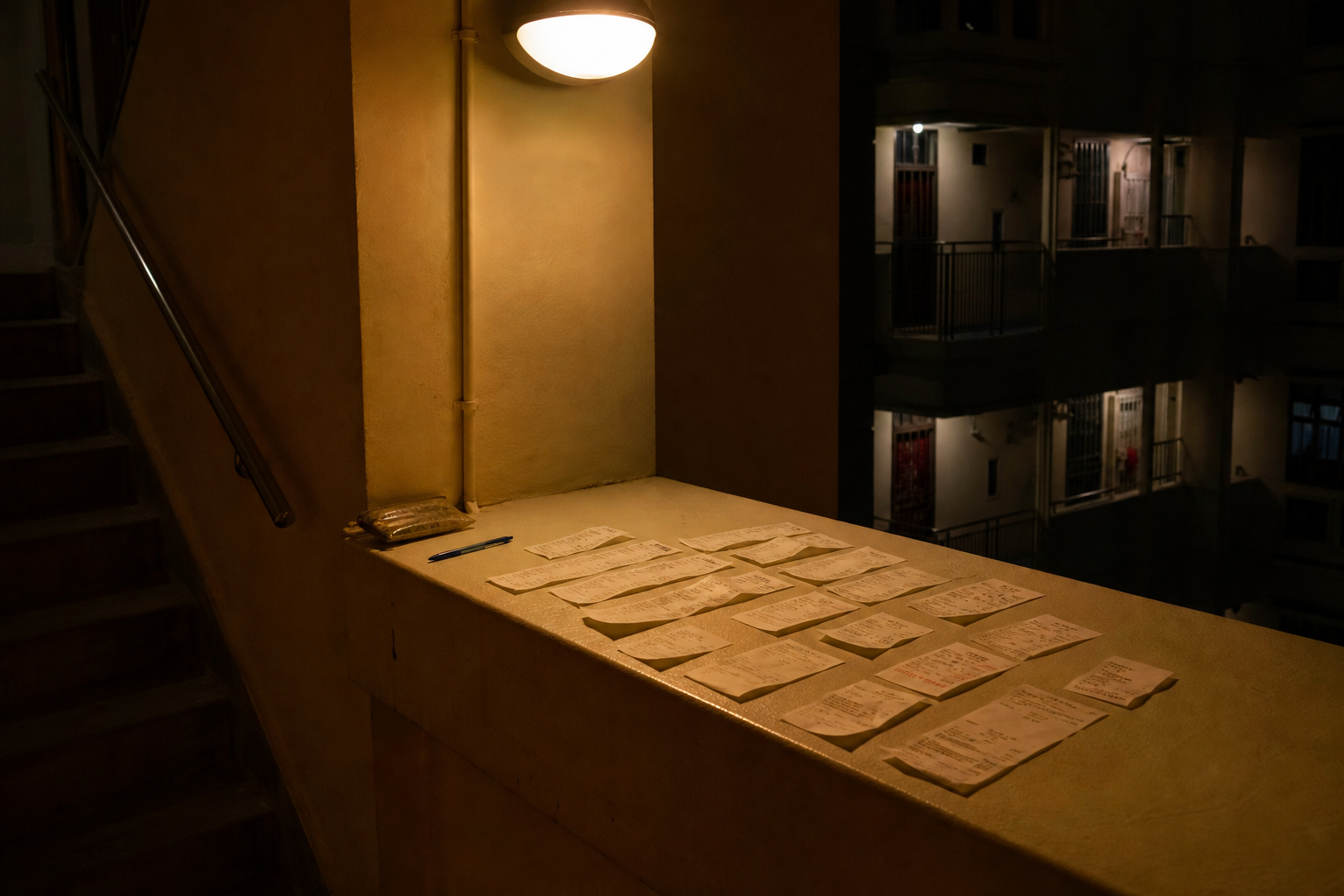 Stair landing lamp casting warm light on spread of sorted receipts and a pen