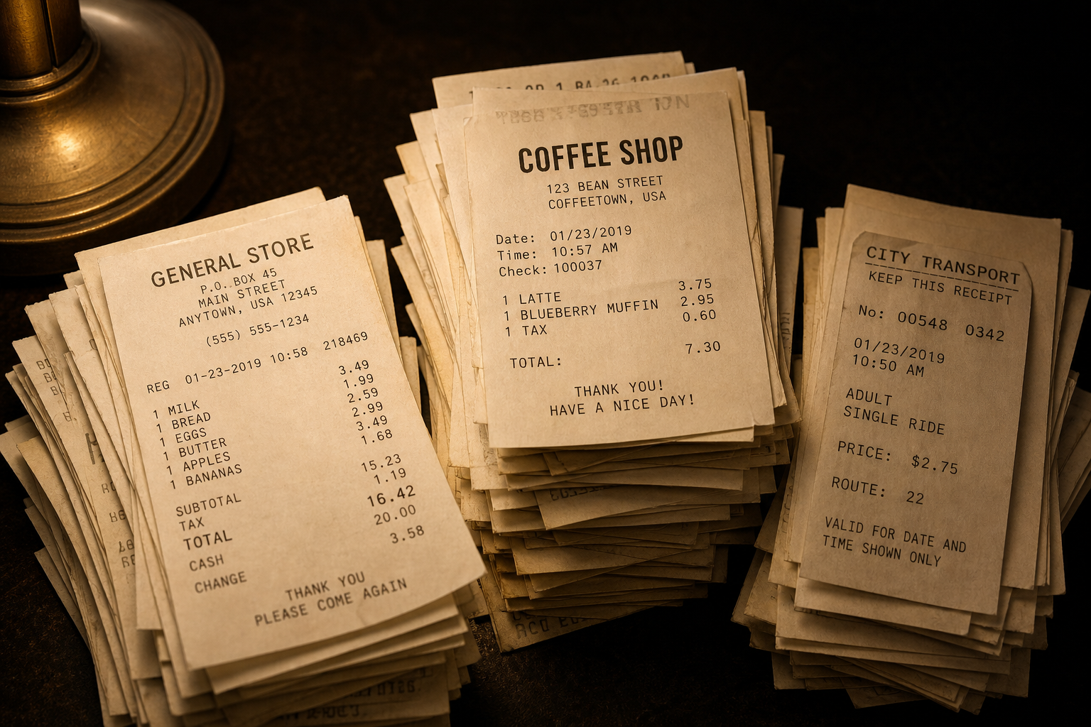 Sorted piles of receipts — provision shop, coffeeshop, transport — under landing lamp light